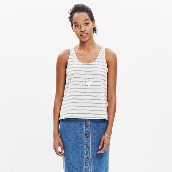 Madewell Tops - Madewell Sundown Tank Top Ikat Stripe Blue White Crop Linen Cotton Sz XXS